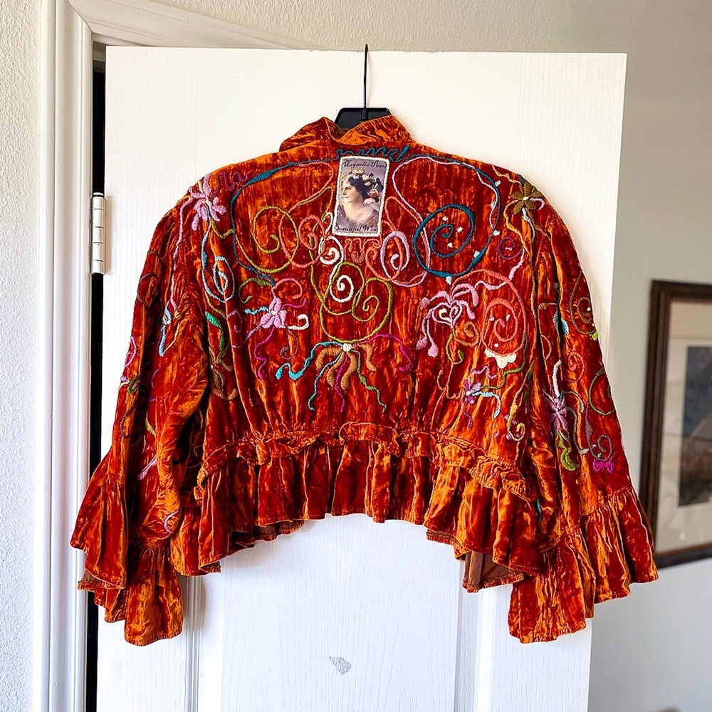 Magnolia Pearl Velvet Bolero Jacket Burnt Orange Embroidered Rare Vintage OS EUC - Picture 8 of 8